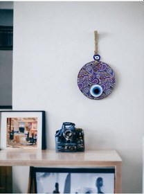 Resim Mandala Desen Mavi Mor Nazar Boncuklu Füzyon Cam El İşçiliği 12 Cm Duvar Süsü Nazarlık Hediyelik Eşya 