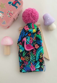 Resim Safari Desenli Siyah Pembe Ponpon Çift Katlı Penye Bere - 1-2 Yaş 