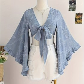 Resim Işık Kahverengi Wicker Dokusu ile Bağcıklı Ön, Geniş Kollu ve Ruffles ile Kadınlar için Hippy Müzik Festivali. 
