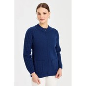 Resim Desen Triko Dik Yaka Cebi ve Kolu Saç Örgü Kadın Yün Ceket 23203D (23203D) 