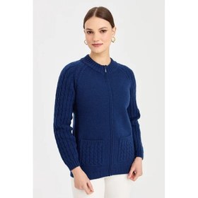 Resim Desen Triko Dik Yaka Cebi ve Kolu Saç Örgü Kadın Yün Ceket 23203D (23203D) 