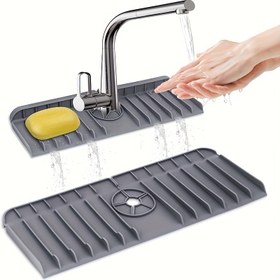 Resim 1 adet Silikon Musluk Damla Tepsisi Sıçrama Korumalı - Su Geçirmez, Mutfak ve Banyo Tezgahları için Eğimli Tasarım 