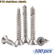 Resim 100 adet M4.2 Uzunlukları 1/2 İnç 13mm'den 2 İnç 50mm'ye kadar olan 410 Paslanmaz Çelik Düz Başlı Phillips Kendinden Delme Matkap Kuyruk Vidaları, Düz Baş ve Kuğu Kuyruklu Çapraz Karşıt Kendiliğinden Delme Vidalı 