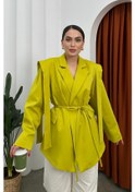 Resim Kadın Oversize Blazer Ceket Kuşaklı Omuz Detaylı Limon Yeşili Yeşil 