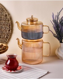 Resim Perotti Tobby Line Amber Çizgili Borosilikat Cam Çaydanlık 1.1l + 1.75l 16803 Şeffaf 