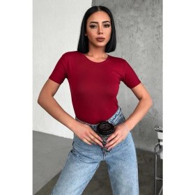Resim Rahat ve Şık Kısa Kollu Bisiklet Yaka Likralı Viskon Penye Body Bordo ( Lisinya ) 