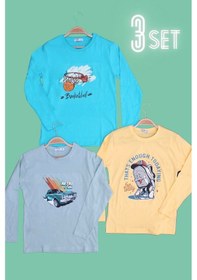 Resim Panios Kids 3'lü Düz Basketball-retro Car-todaying Erkek Çocuk Uzun Kol Turkuaz-mint Yeşili-sarı Sweatshirt Çok Renkli 