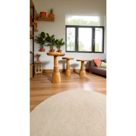 Resim Şık Tik Ağacı Renk Ahşap Mantar Sehpa 3lü Doğal Zigon Fiskos Takımı 