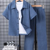 Resim 2'li Paket Erkek Çocuklar İçin Her Mevsim Tek Renk Dokuma Moda Yaka Kısa Kollu Gömlek + Elastik Bel Yan Cep Pantolon Takımı, Okula Dönüş, Mezuniyet, Düğünler, Partiler ve Daha Fazlası için Mükemmel, Dış Mekan Kullanımına Uygun 