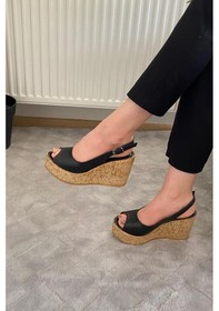 Resim Asmi Shoes Kadın Fenni 10 Cm Dolgu Topuklu Mantar Taban Ayakkabı Siyah Siyah 