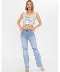 Resim Kutaf Açık Mavi Yüksek Bel Wideleg Yırtık Detaylı Kadın Jean Pantolon Denim 
