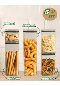 Resim 5'li Vakumlu Contalı Kare Erzak,un,bakliyat Saklama Kabı Seti-1x700 Ml-2x1000 Ml-1x1400 Ml-1x2100 Ml Şeffaf 
