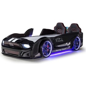 Resim Siyah Arabalı Yatak Kapıları Açılan Mustang Full Ledli Kumandalı Ve Müzikli 