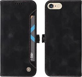 Resim nincyee iPhone 8 Plus/7 Plus için Kapaklı Kılıf, Premium Cilt Dokusu Deri, Retro Düğme Kapatma Cüzdan Kılıf Flip Stand 4 x Kart Tutucu Siyah 