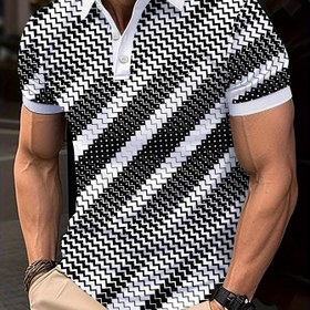 Resim Erkekler için Yaz için Renk Bloklama Geometrik Desenli Kısa Kollu Yaka T-shirt, Hediye olarak Rahat Trend Sokak Modası Üstler 