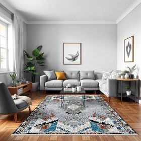 Resim Gri Soyut Modern Geometrik Etnik Eskitme Desenli Boho Makinada Yıkanabilir Hafif Hav Toz Vermez Leke Tutmaz Kaymaz Taban Dijital Makine Baskı Halı Oturma Odası Salon Yolluk Koridor Mutfak Halısı 