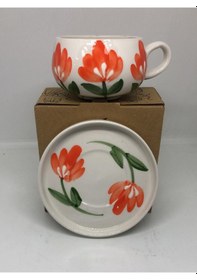 Resim Lebron El Yapımı Kırmızı Çiçek Desenli Seramik Kupa Ve Tabak Takımı Çok Renkli 