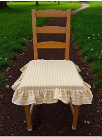 Resim Sarı Çizgili Buldan Yıkanmıs Keten 4 Tarafı Fırfırlı Sandalye Minderi Renkli 