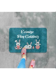 Resim Dijital Baskılı Kapı Önü Paspas Hoşgeldiniz Yazılı Çiçek Desen Ve Tavşan Iç Ve Dış Kapı Yıkanabilir Kahverengi 