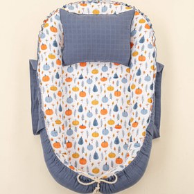 Resim Babynest ve Yastık - Çift Taraflı - İndigo Muslin - Mavi Balkabağı 