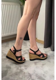 Resim Kadın Siyah Cilt Çapraz Bant Dolgu Taban Ayakkabı Siyah 