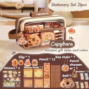 Resim 21 Parça Kapibara Temalı Hediye Seti - Kalem, Açacağı, Çıkartmalar, Not Defteri ve Capybara Kutulu Şirin Hayvan Öğrenme Malzemeleri ile Tam Ofis Takımı Noel hediyesi 