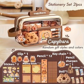 Resim 21 Parça Kapibara Temalı Hediye Seti - Kalem, Açacağı, Çıkartmalar, Not Defteri ve Capybara Kutulu Şirin Hayvan Öğrenme Malzemeleri ile Tam Ofis Takımı Noel hediyesi 