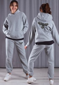 Resim LAND MODA Kadın Kartal Baskılı kapüşonlu Sweatshirt Eşofman Alt-Üst Takımı 