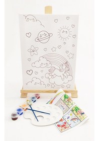 Resim Büyülü Gökyüzü Çocuk Ressam Seti - 30 X 40 Cm Önçizimli Tuval, 2 Ad. Fırça, Palet, Boyalar Ve Şövale 