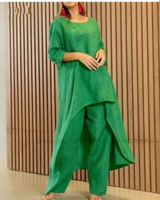 Resim Defymoda Kadın Uzun Kollu Kayık Yaka Detay Tunik Ve Pantolon Ikili Takım Yeşil 