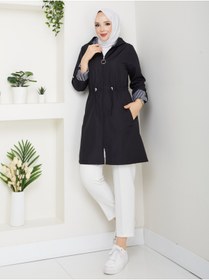 Resim RACE FASHİON Çizgili Bondit Kumaş Beli Lastikli Kapüşonlu Tesettür Trençkot RC905010 