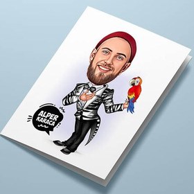 Resim Papağanı Olan Erkek Karikatürlü Tebrik Kartı 