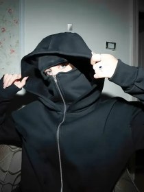 Resim Kadın Modası Çift Kapüşlu Balaclava Fermuarlı Ceket - Fermuar Detayı ile Şık Siyah Kapüşlu, Tüm Mevsimler İçin Rahat, Günlük Sokak Modası, Günlük Giyim Kapüşlu|Fermuarlı Kapüşlu|Polietilen Kapüşlu 