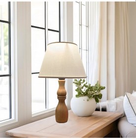 Resim Glad Masif Ahşap Ayaklı Zarif Abajur Konik Krem Başlıklı Masa Lambası Komodin Abajur Krem 