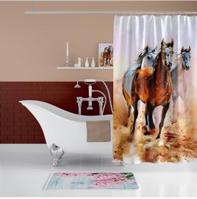 Resim Banyo Paspas Ve Tek Kanat Duş Perdesi 1x180x200 Set Banyo Halısı Horses Beyaz 
