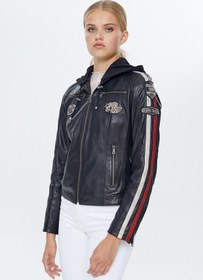 Resim Derimod Ladyracer Kadın Siyah Armalı Kapüşonlu Spor Deri Mont 22WGM500151 