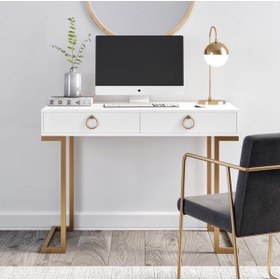 Resim Özel Yapım Ofis Çalışma Masası Mdf Lam Beyaz-gold Iki Çekmeceli 