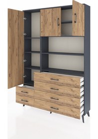 Resim Arges Dolap 8 Raflı 6 Çekmeceli 3 Kapaklı 132x30x195 Antrasit-çam/çam Atlas Çam/atlas Çam 