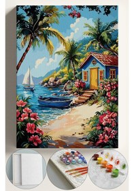 Resim Sayılarla Boyama Seti Numaralı Tuval Fırça Boya 40x50 Cm - Deniz Kenarı Kulübe 