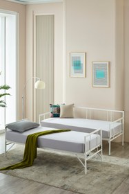 Resim Unimet Forte Yavrulu Daybed Tek-Çift Kişilik Sedir Metal Karyola Yatak Seti Beyaz 