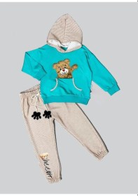 Resim 2-3-4 Yaş Pelüş Ayı Desenli Kapşonlu Uzun Kollu Penye Sweat 2li Erkek Çocuk Takımı Mint Yeşili Mint Yeşili 