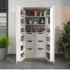 Resim 90 Derece Açılabilir 2 Kapaklı, 6 Çekmeceli, Kavanoz Raflı Kiler Ve Erzak Mutfak Dolabı Atlantik Çam Beyaz 