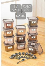Resim Meleni Home 12'li Set Pino Baharatlık - Etiketli Kare Baharat Saklama Kabı Seti Antrasit 12 X 0.50 Lt Kaşıklı Antrasit 