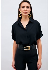 Resim Sateen Kol Detaylı Salaş Gömlek - Siyah 