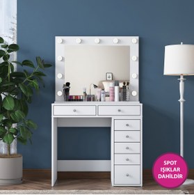 Resim Rani Mobilya Rani Bj115 Hollywood Işıklı Aynalı Kulis Makyaj Masası 7 Çekmeceli Takı Düzenleyici Beyaz 