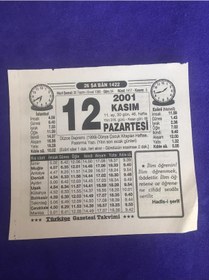 Resim 12 Kasım 2001 Takvim Yaprağı - Nostalji Koleksiyonluk Takvim Yaprağı B 