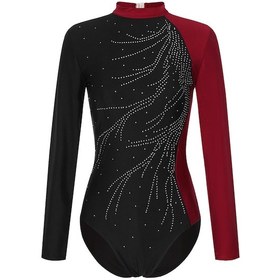 Resim Bordo Kadınlar Uzun Kollu Jimnastik Bale Dans Leotard Bodysuit Artistik Patinaj Dans Tulum Bordo 