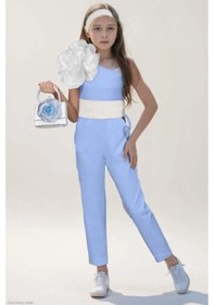 Resim Riccotarz Kız Çocuk Beli Şerit Ve Omuzunda Broş Detaylı Tek Omuz Mavi Tulum Mavi 