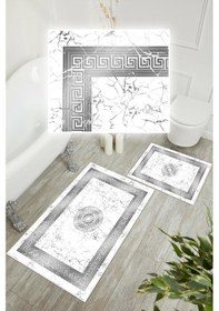 Resim Dijital Baskı Mermer Desen Kaymaz Taban 2li Set Banyo Paspası Klozet Takımı 50x60cm-60x100cm Gri 