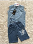 Resim 11 Yazılı Sıfır Kollo Şortlu Erkek Takım Mavi 